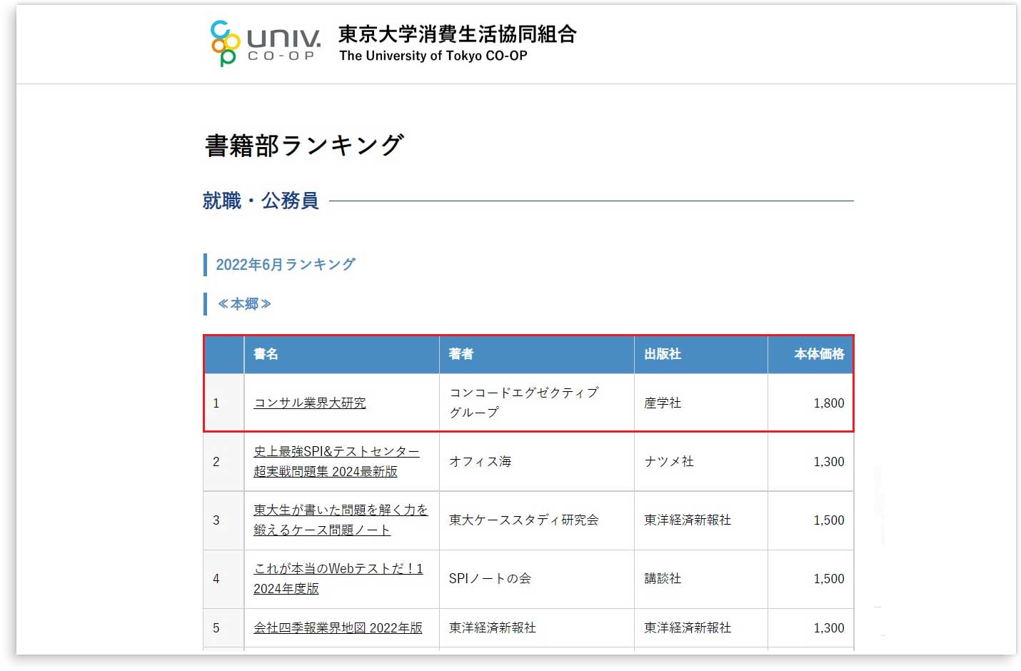 『コンサル業界大研究』が東京大学生協　書籍ランキングで1位を獲得しました